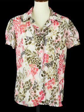 Alfred Dunner Sheer Top Sz 16 Pink Olive Butterfly Floral Pleat Gauzy Beach
